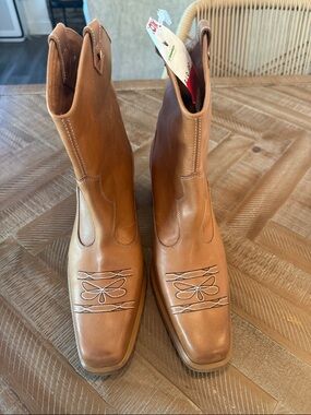 Free People Wandering West Tan Leather Square-Toe Boots
